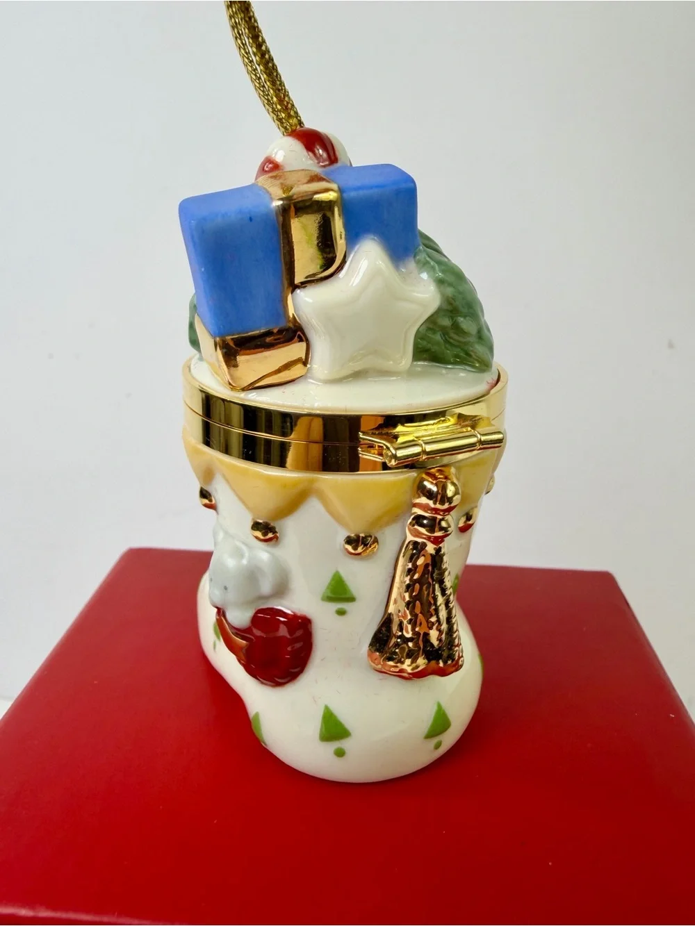 VTG Lenox Christmas Stocking Hinged Porcelain Trinket Box Ornament with/Box NOS